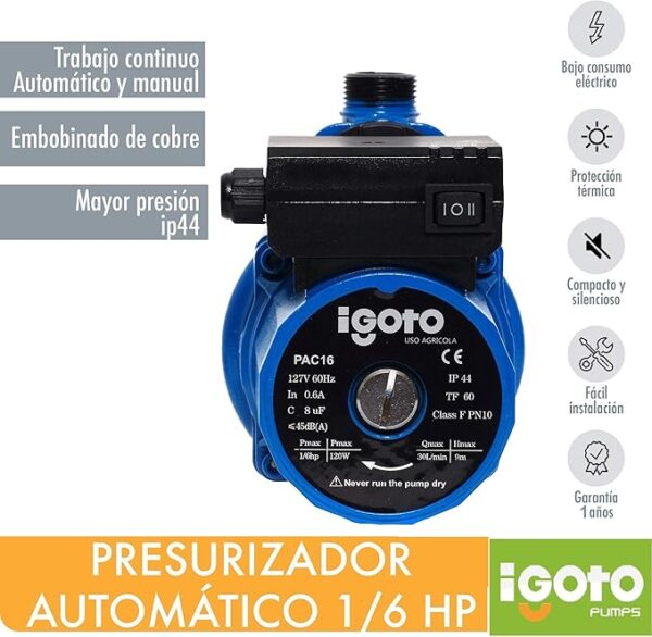 | Presurizador Automático PAC16 | 1/6 HP | IGoto Pump | - Image 2