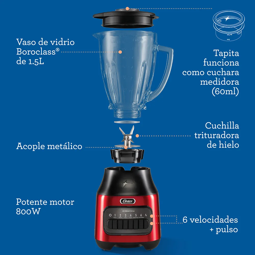 | licuadora | vaso de vidrio boroclass® | 6 velocidades + pulso | 800w | oster®| | licuadora | vaso de vidrio boroclass® | 6 velocidades + pulso | 800w | oster®|